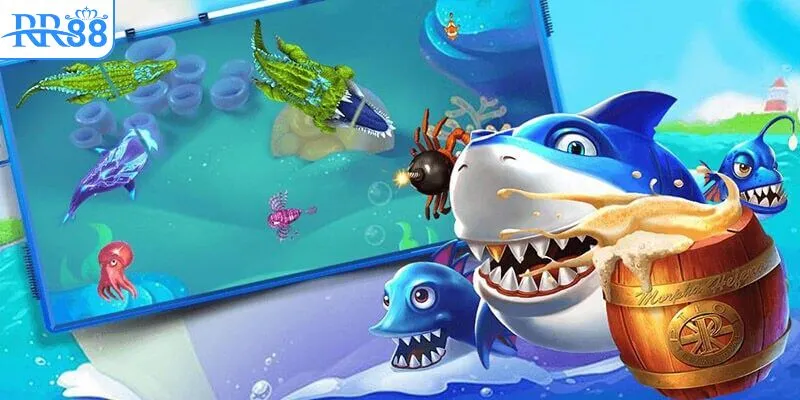 Giao diện game bắn cá đại dương xanh tại RR88 với đàn cá và boss